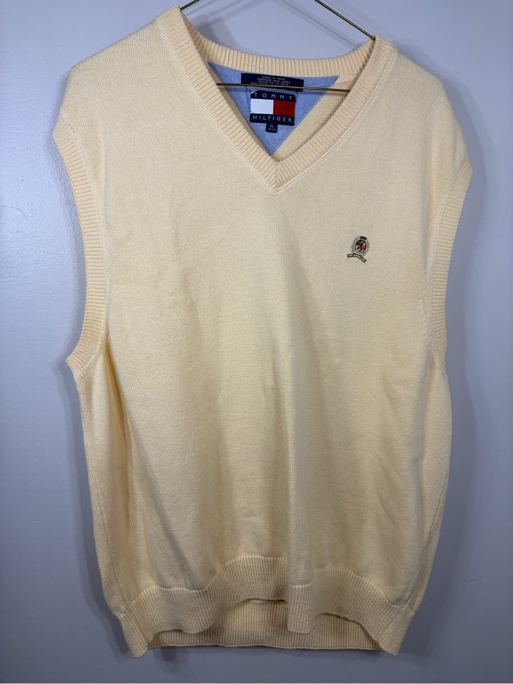 Tommy Hilfiger Vintage Crest Sweater Vest XL Ivory 100% Cotton V-Neck